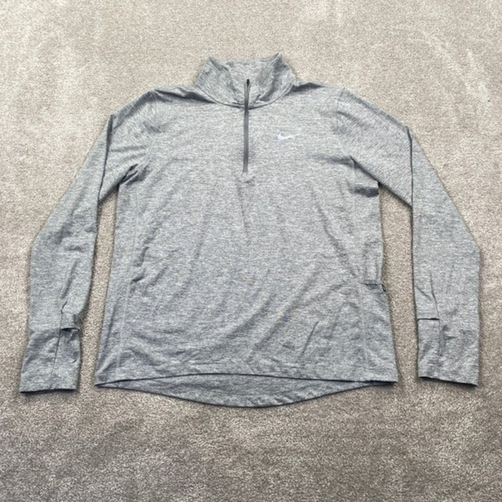 Nike Dri FIT Gray Heather Long Sleeve Quarter Zip Running Top Thumbholes Size M